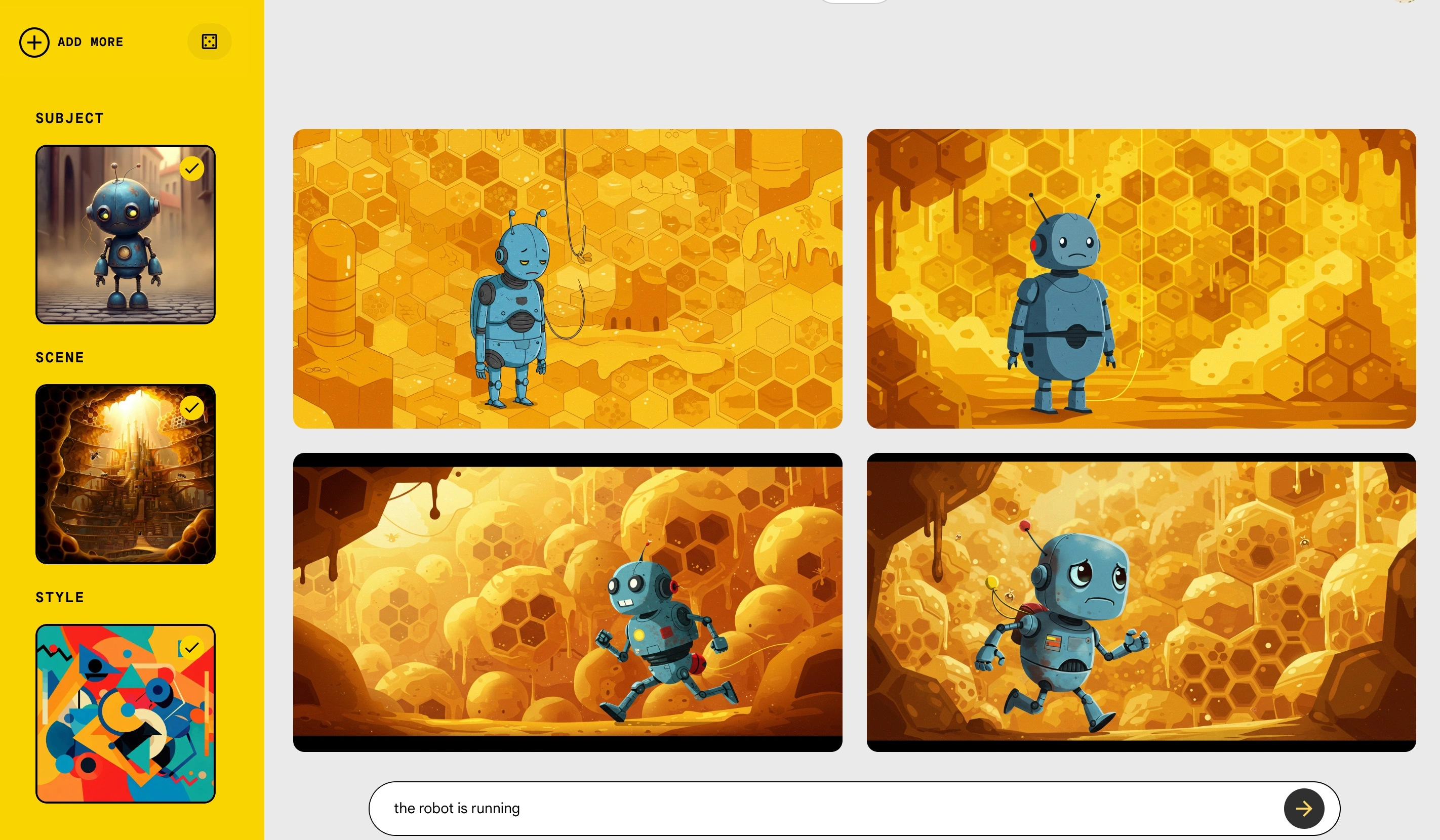 Interface showing drag and drop areas for subject, scene, and style images
